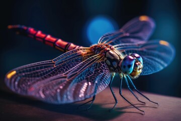 Poster - AI generated illustration of a dragonfly on a rock with a blurred background