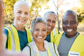 Sticker - Selfie, volunteering portrait and people in park for cleaning, community service or gardening on social media or blog. Environment, NGO group and senior woman or friends in a profile picture outdoor