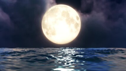 Wall Mural - big moon at night and wave ocean loop. moon reflection light at night and ocean wave in a seamless l