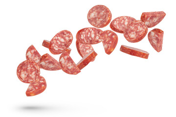 Flying sausage isolate. Dried sausage slices and different ways of cutting are scattered in different directions on a white isolated background. Suitable for pasting into a design or project.