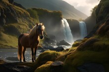 AI generated  Icelandic horse standing near lake surrounded by greenery mountains