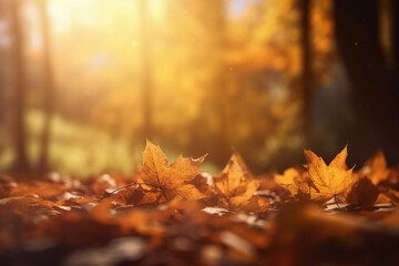 Wall Mural - Beautiful autumn background of landscape with yellow leaves and sun. Falling leaves natural background. Generative AI technology