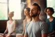© wolfhound911 - Group meditation in yoga studio, breath exercise, men and women meditating and breathing with closed eyes, breathwork concept. Generative AI