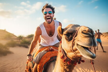 Happy Tourist Having Fun Enjoying Group Camel Ride Tour In The Desert . Generative AI