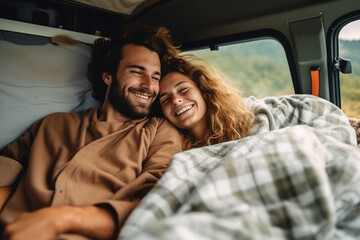 Happy young couple lying together in a van, enjoying vacation time together . Generative AI