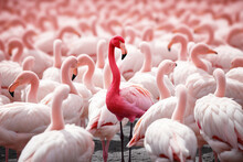 Standing Out From The Crowd , Pink Flamingo Standing Between Man White Birds. Generative AI
