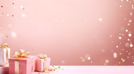 Wall Mural - gift boxes with golden confetti. Abstract luxury pink background. Copy space. Generative AI.