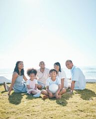 Canvas Print - Generation, children and portrait sitting on grass in summer with ball for quality time on mockup space. Happiness, parents and big family in nature in garden for bond with love on holiday or house.