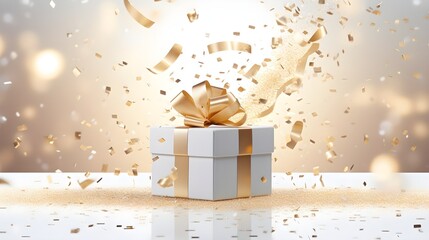 Sticker - present gift box with golden confetti. Abstract luxury bright background. Copy space. Generative AI.