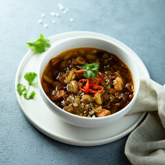 Canvas Print - Healthy eggplant ragout with chili pepper and cilantro