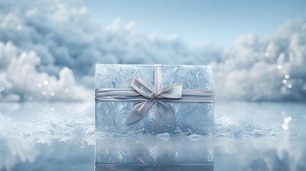 Sticker - present gift box on the snow, winter background. Generative AI.