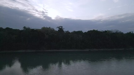 Wall Mural - Aerial of a calm river surrounded by the green trees of the forest under the cloudy sky