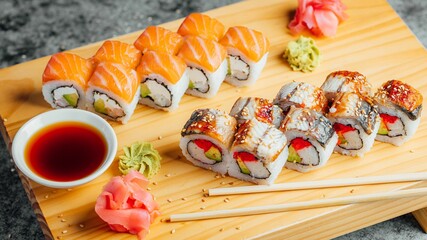 Canvas Print - sushi and chopsticks on wooden board next to bowl with sauce