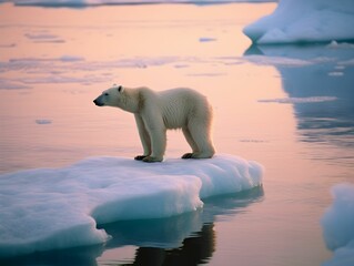 Poster - AI generated illustration of a polar bear standing on an iceberg gazing off into the horizon