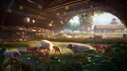 Wall Mural - AI generated image of piglets grazing in a farm setting