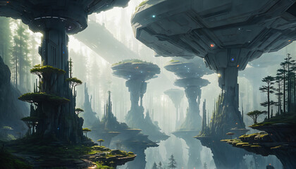 Wall Mural - Star constructions in the middle of a forest on an unknown planet. Colorful lights, trees.