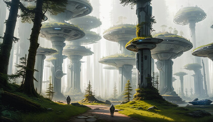 Wall Mural - Star constructions in the middle of a forest on an unknown planet. Colorful lights, trees.