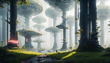 Wall Mural - Star constructions in the middle of a forest on an unknown planet. Colorful lights, trees.