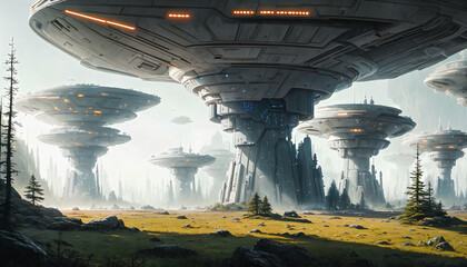 Wall Mural - Star constructions in the middle of a forest on an unknown planet. Colorful lights, trees.