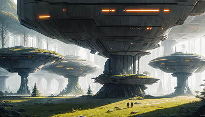 Wall Mural - Star constructions in the middle of a forest on an unknown planet. Colorful lights, trees.