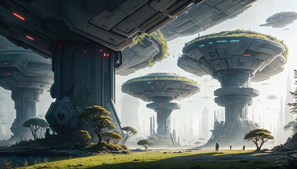 Wall Mural - Star constructions in the middle of a forest on an unknown planet. Colorful lights, trees.