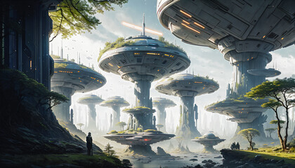 Wall Mural - Star constructions in the middle of a forest on an unknown planet. Colorful lights, trees.