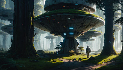 Wall Mural - Star constructions in the middle of a forest on an unknown planet. Colorful lights, trees.
