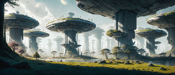 Wall Mural - Star constructions in the middle of a forest on an unknown planet. Colorful lights, trees.