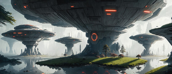 Wall Mural - Star constructions in the middle of a forest on an unknown planet. Colorful lights, trees.