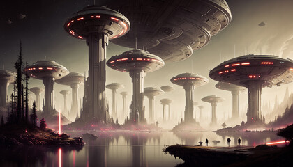 Wall Mural - Star constructions in the middle of a forest on an unknown planet. Colorful lights, trees.
