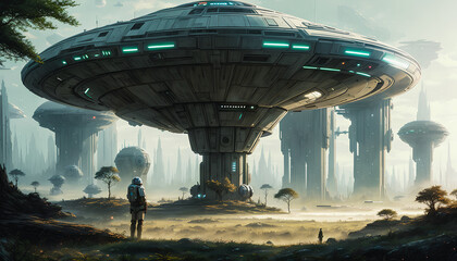 Wall Mural - Star constructions in the middle of a forest on an unknown planet. Colorful lights, trees.