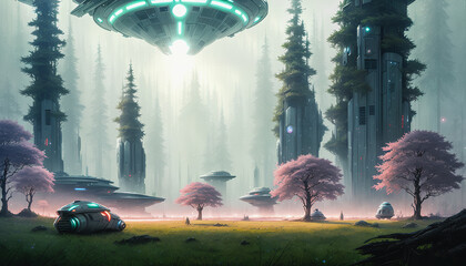 Wall Mural - Star constructions in the middle of a forest on an unknown planet. Colorful lights, trees.