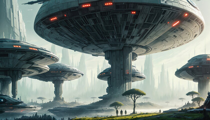 Wall Mural - Star constructions in the middle of a forest on an unknown planet. Colorful lights, trees.