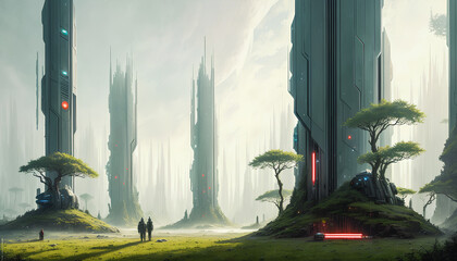 Wall Mural - Star constructions in the middle of a forest on an unknown planet. Colorful lights, trees.