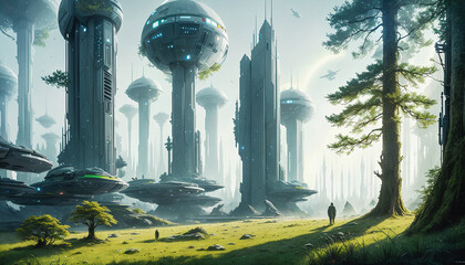 Wall Mural - Star constructions in the middle of a forest on an unknown planet. Colorful lights, trees.