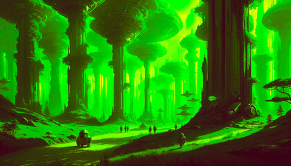 Wall Mural - Star constructions in the middle of a forest on an unknown planet. Colorful lights, trees.