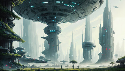 Wall Mural - Star constructions in the middle of a forest on an unknown planet. Colorful lights, trees.