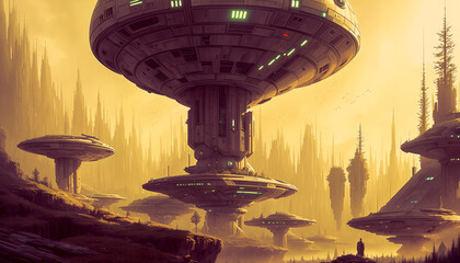 Wall Mural - Star constructions in the middle of a forest on an unknown planet. Colorful lights, trees.