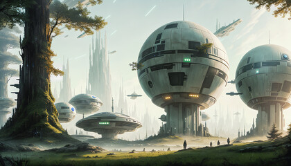 Wall Mural - Star constructions in the middle of a forest on an unknown planet. Colorful lights, trees.