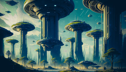 Wall Mural - Star constructions in the middle of a forest on an unknown planet. Colorful lights, trees.