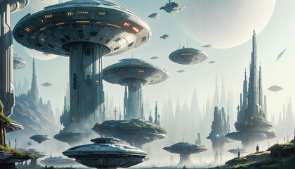 Wall Mural - Star constructions in the middle of a forest on an unknown planet. Colorful lights, trees.