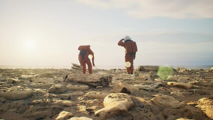Wall Mural - astronauts discover an enchanting rising lake and rocky shores on an extraterrestrial world. immerse