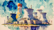 Nuclear power plant painting. Watercolor style. Generative AI.