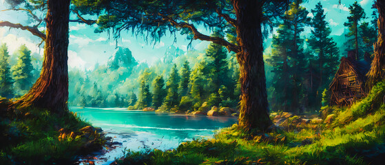 Canvas Print - Paintinf of forest with a river. Generative AI.