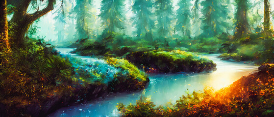 Canvas Print - Paintinf of forest with a river. Generative AI.