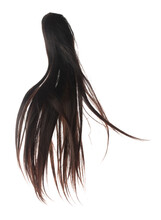 Long Straight Wig Hair Style Fly Fall Explosion. Black Brunette Woman Wig Hair Extension Float In Mid Air. Straight Wig Hair Extension Wind Blow Cloud Throw. White Background Isolated High Speed