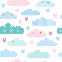 Wall Mural - Seamless pattern background with cute clouds and hearts. Vector illustration for kids fabric, summer background, wallpaper, backdrop.