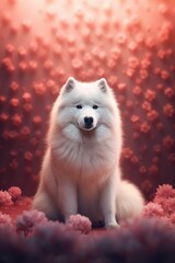 Wall Mural - AI generated illustration of a Samoyed dog sitting among a stunning array of vivid wildflowers