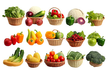 Assorted organic vegetables and fruits in wicker basket isolated PNG