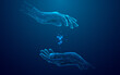 © AntonKhrupinArt - Two Digital Hands Holding Something. Blue Low Poly Wireframe Illustration on Dark Blue Background. Technology Concept. Abstract Human Gestures in Polygons, Connected Glowing Dots, Lines, and Triangles